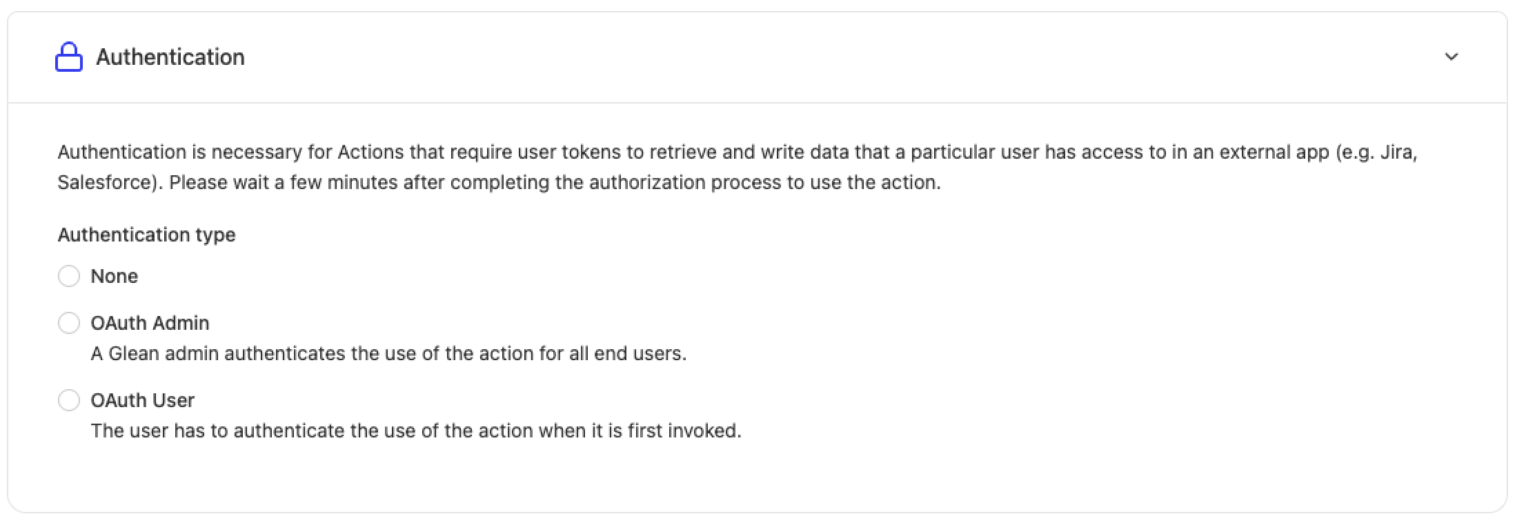 Authentication section in actions configuration